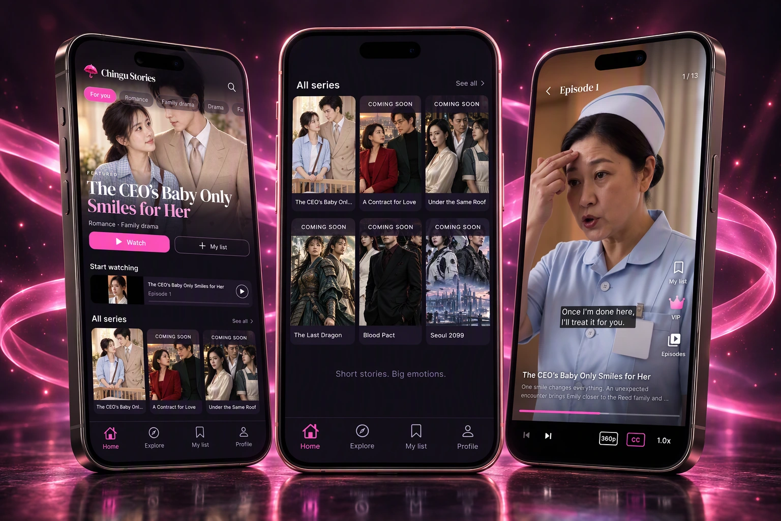 Three rose-lit phone mockups showing the English Home screen, the six-series catalog and the current video player, generated using real app screenshots as references.