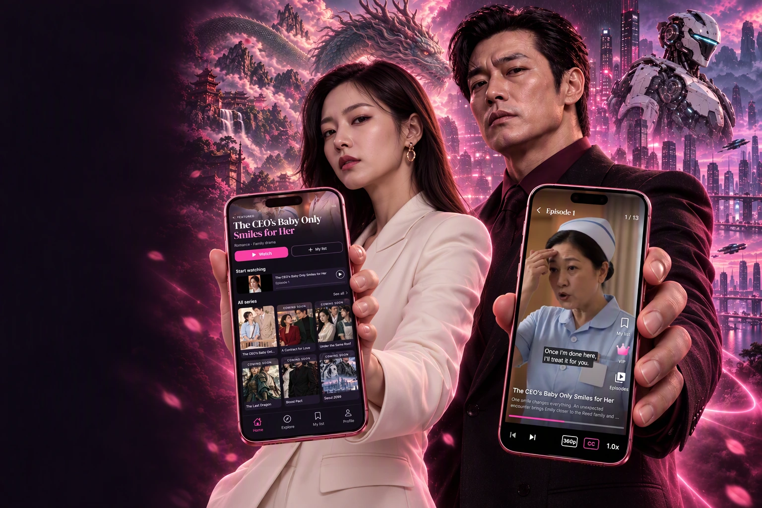 Two Korean characters from Blood Pact each hold a phone toward the viewer: she presents the English catalog and he presents the player, against a cinematic fantasy and futuristic city backdrop.