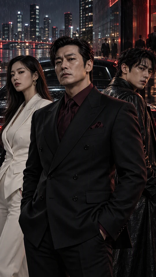 Three Korean adults in tailored suits against the red lights of Seoul at night.