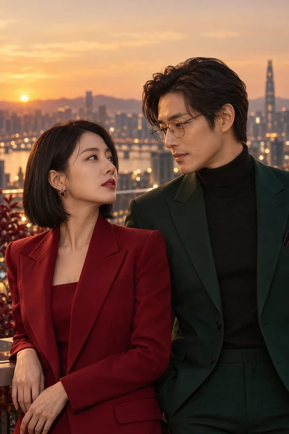 A woman in a red suit and a man in a dark suit share an intense glance.