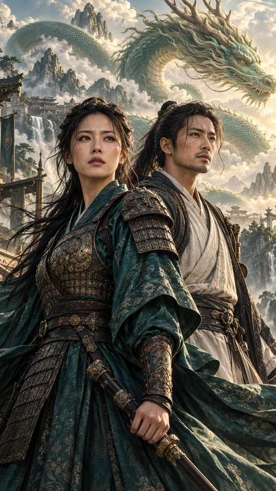 Two adult Korean adventurers beneath a jade dragon above an ancient mountain palace.
