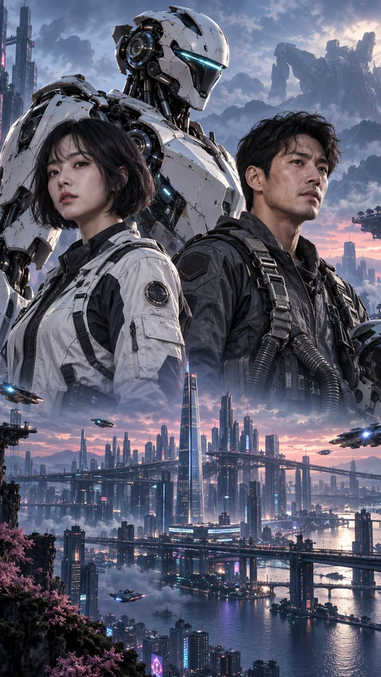 A Korean engineer and pilot stand with a humanoid robot above a futuristic Seoul skyline.